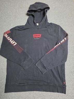 Levi's Black Hoodie with Red Logo and Sleeve Stripes